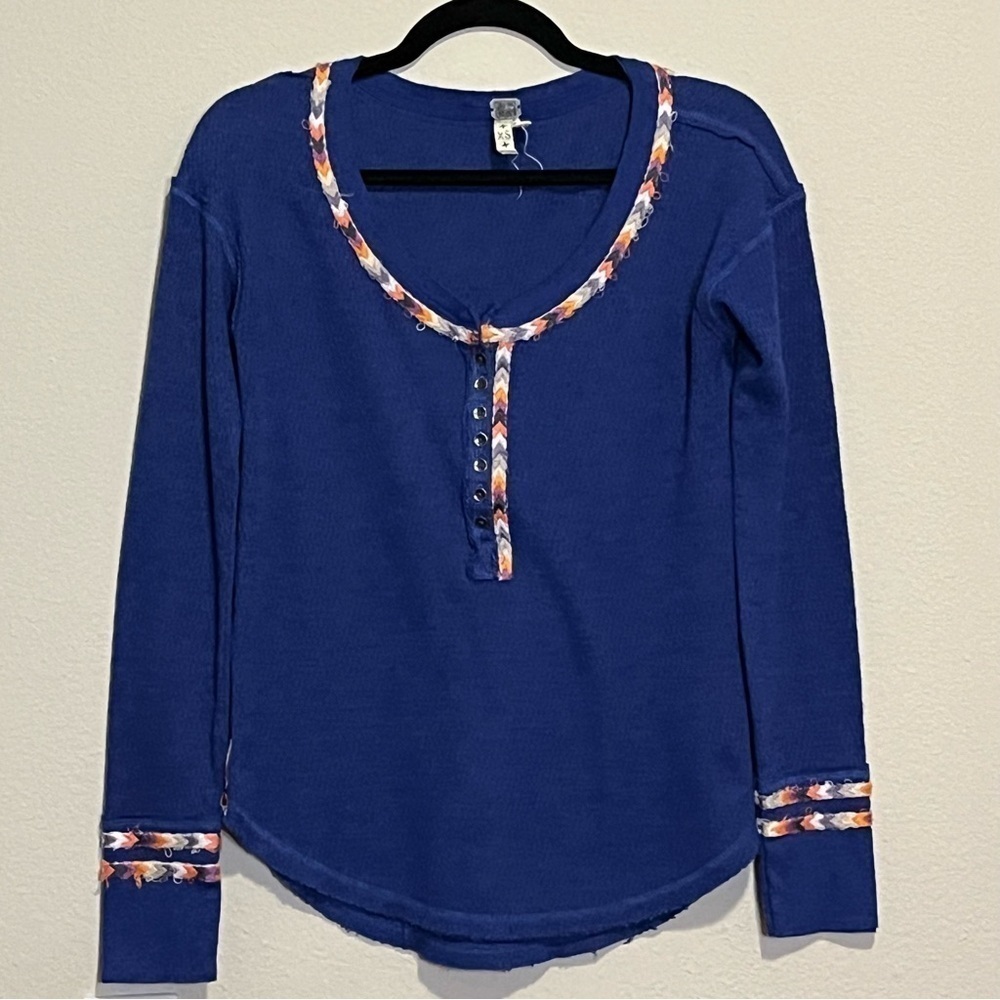 Free People Royal Blue Waffle Knit Thermal Long Sleeve Boho Distressed Size XS
